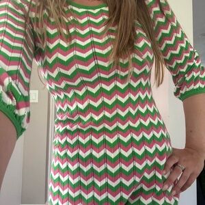 Alice + Olivia Green and Pink Chevron Mini Dress